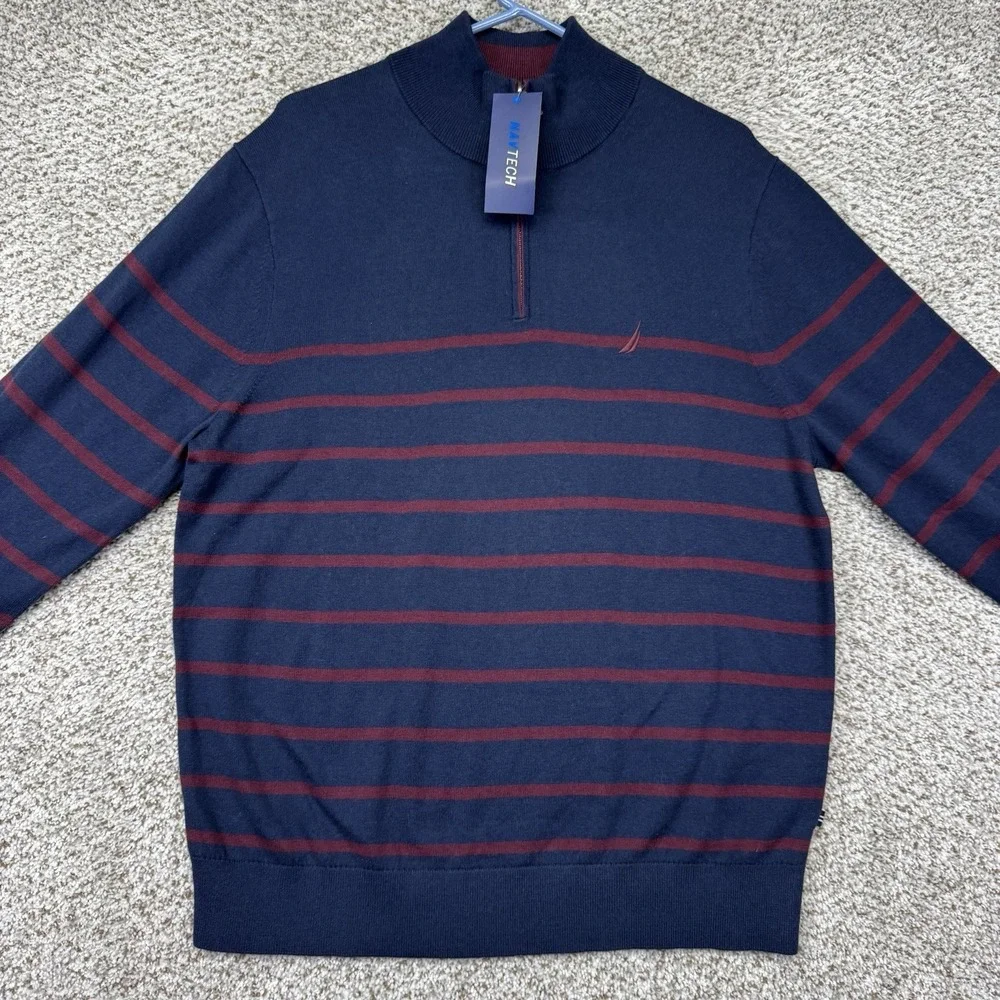 Nautica NavTech Sweater Men's Large Blue Red Stripes Quarter Zip Pullover New - Picture 2 of 13